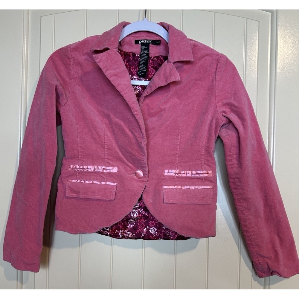 DKNY Vtg Girls Jacket Blazer‎ Pink Velour Sz L Equestrian Y2K